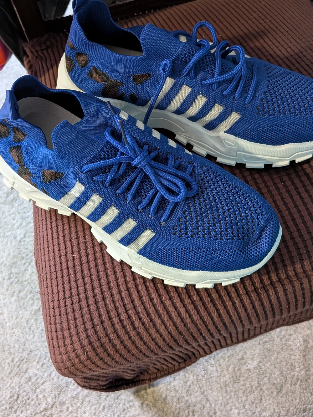 Blue Knit Athletic Sneakers with White Stripes